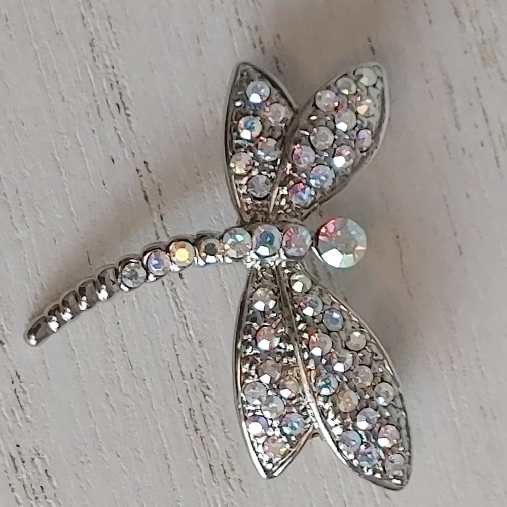 Vintage Rhinestone Dragonfly Brooch Silver Tone